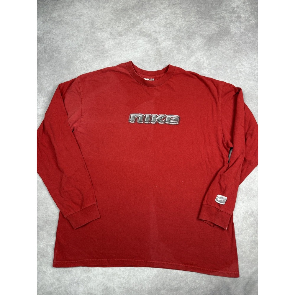 Vintage Nike Shirt Mens Large Red Long Sleeve Embossed Spell Out Made USA‎ 90s